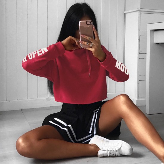 Mouth Open Red  Crop Top Hoodie 