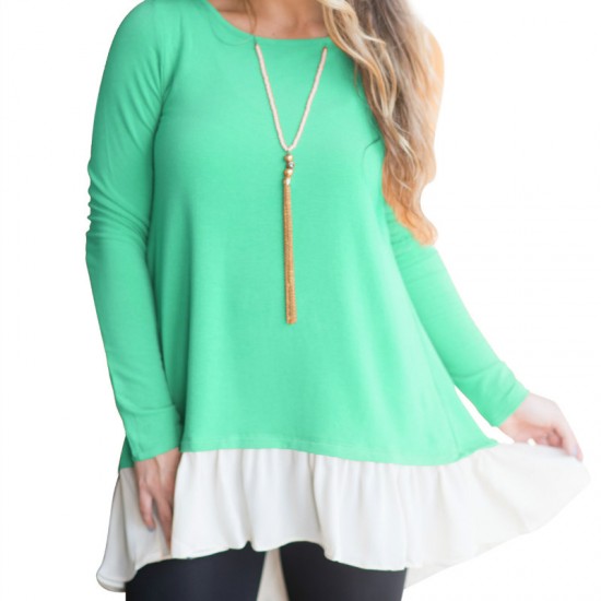Buttons Ruffle T-Shirts Casual  Long Sleeve Tees O-Neck Loose Patchwork 
