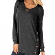 T-shirt Casual Basic Round Neck Long Sleeve  Double Buttons Plus Size