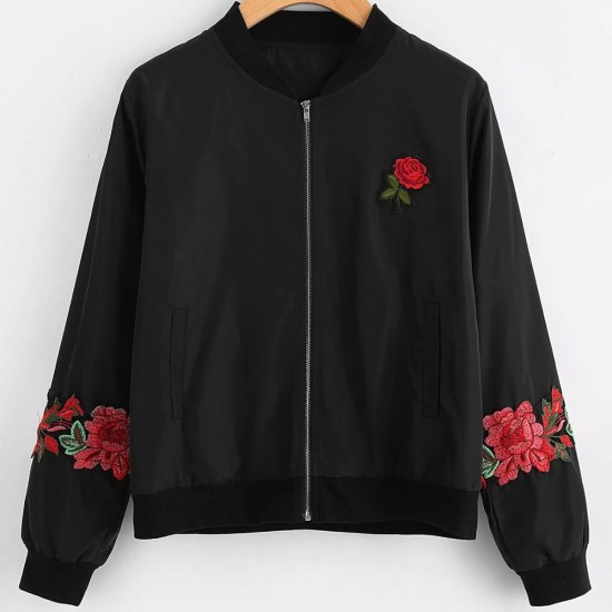 Morning Day Flower Embroidery In Long Sleeve Bomber 